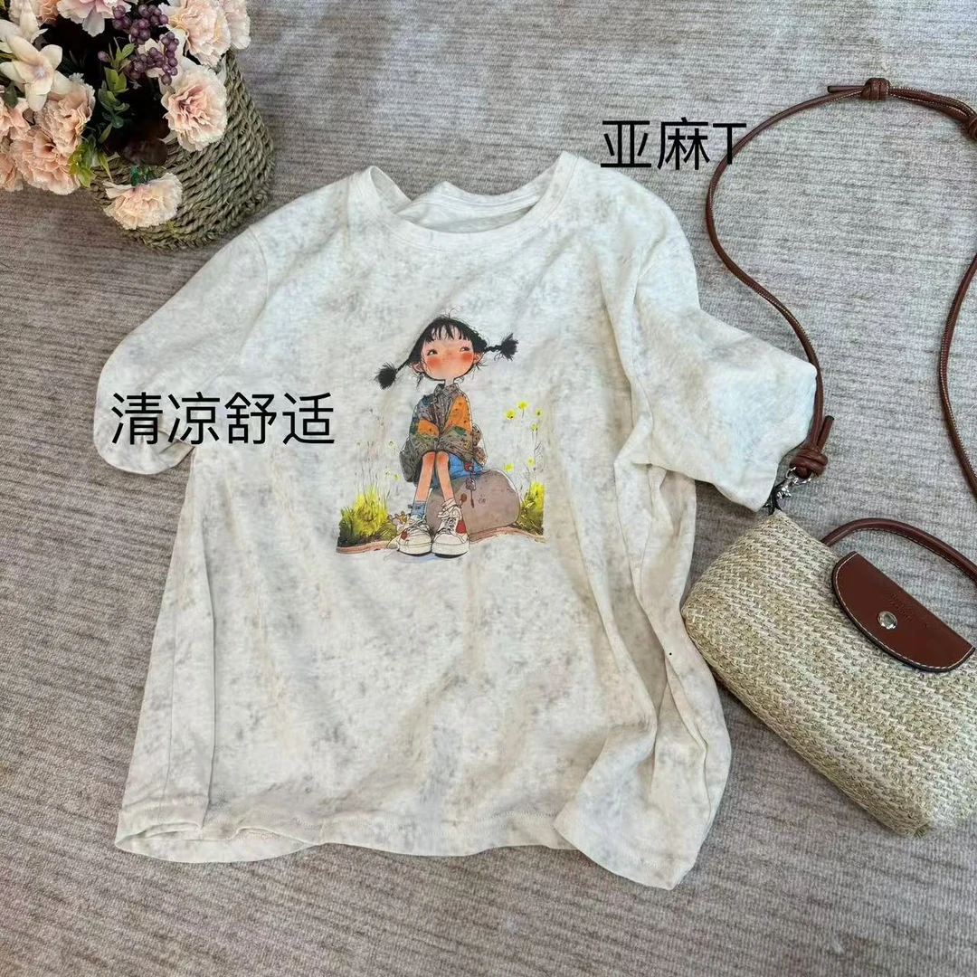 23552 国风中式刺绣亚麻T桖2025夏季新款时尚宽松百搭休闲女式T桖