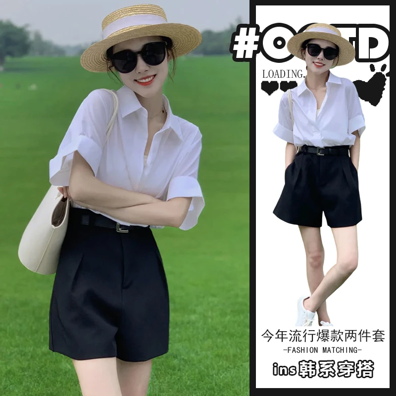 两件套装韩剧夏季2025时尚学院风polo领短袖衬衫高腰休闲短裤