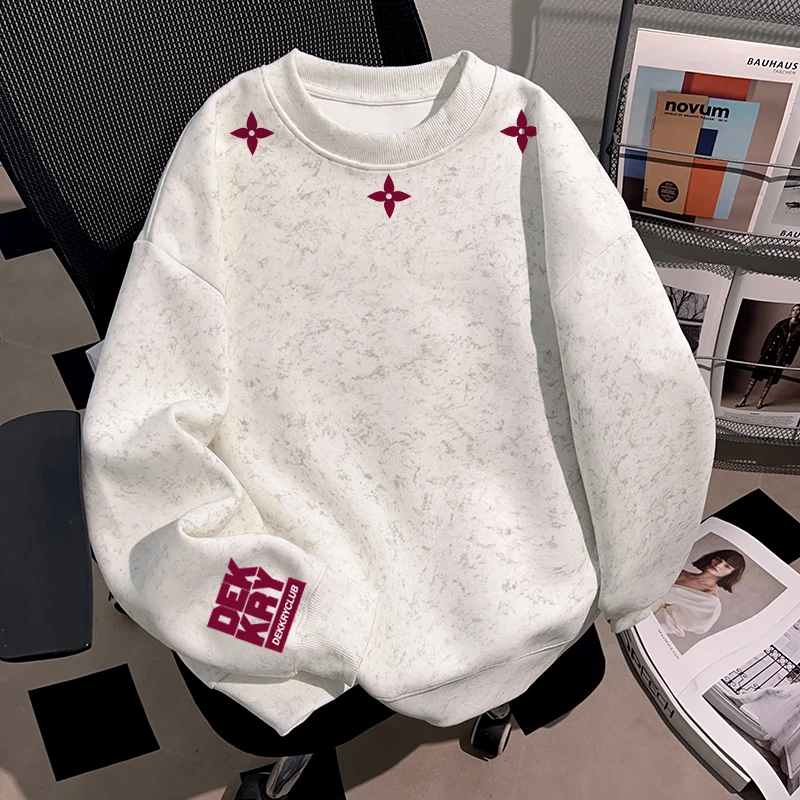 Dekkry潮牌美式青少年ins秋冬季蜡染圆领卫衣加厚加绒男女款上衣