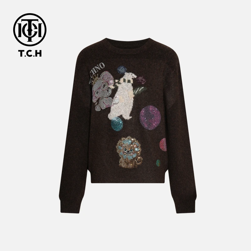 TCH私服秋季氛围感烫钻时尚淑女棕色针织衫T75D09E1012轻奢tch