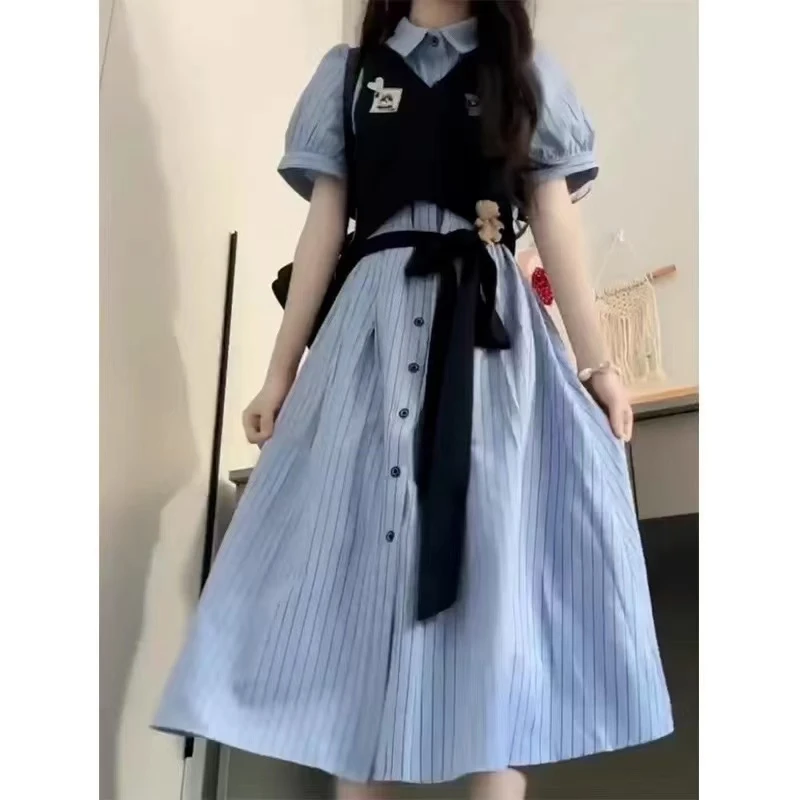 2025夏季新款大码女装韩系减龄甜美学院风条纹假两件连衣裙