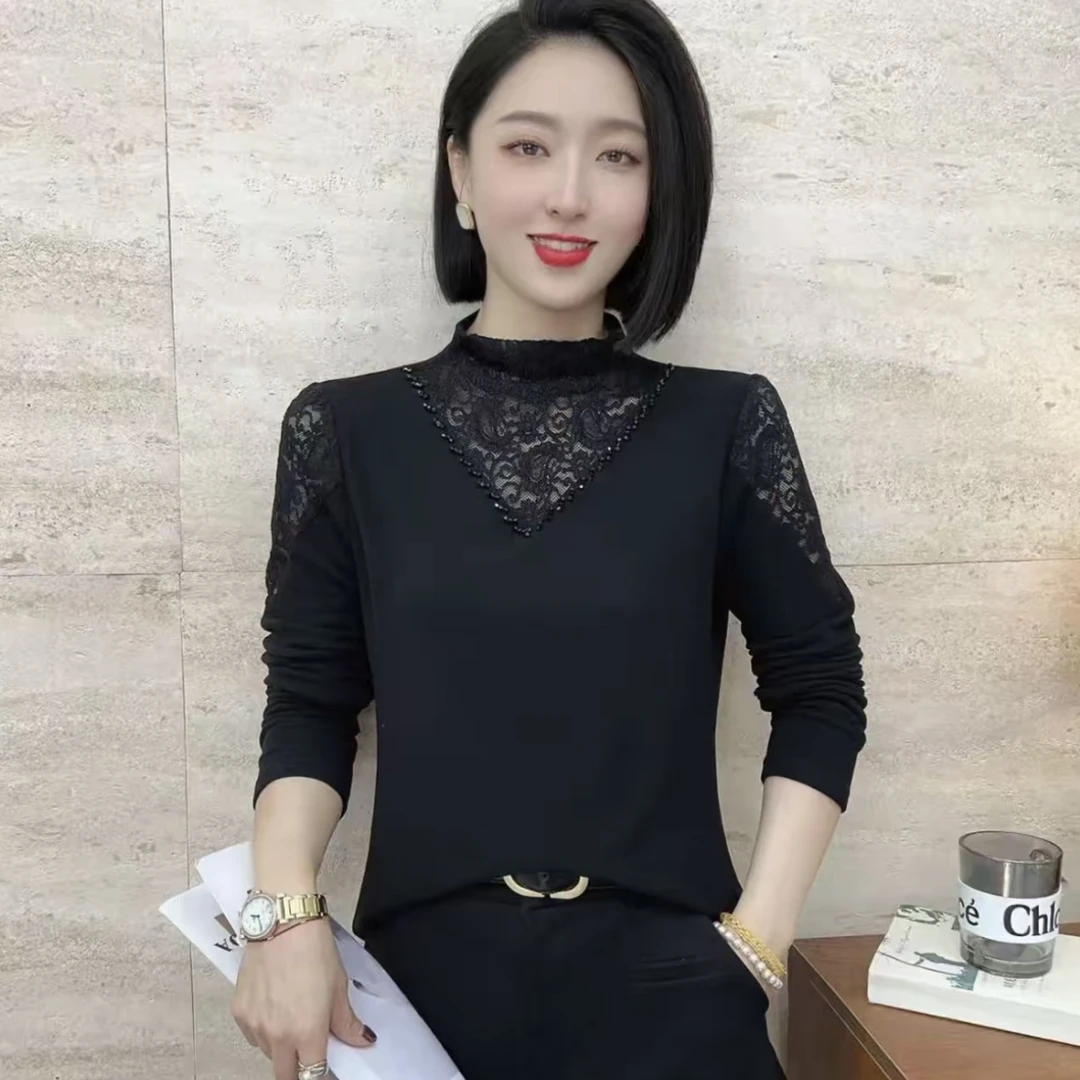 冬季新款洋气半高领手工订珠镂空百搭气质一体绒长袖气质小衫003