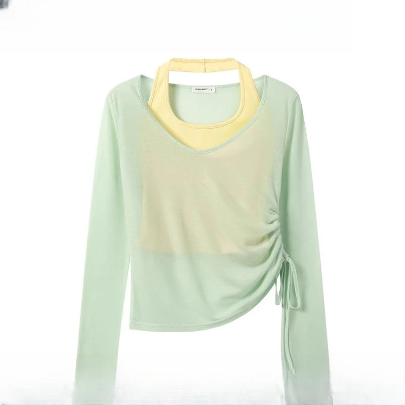 挂脖设计吊带套装女2025新款夏季防晒罩衫长袖t恤两件套