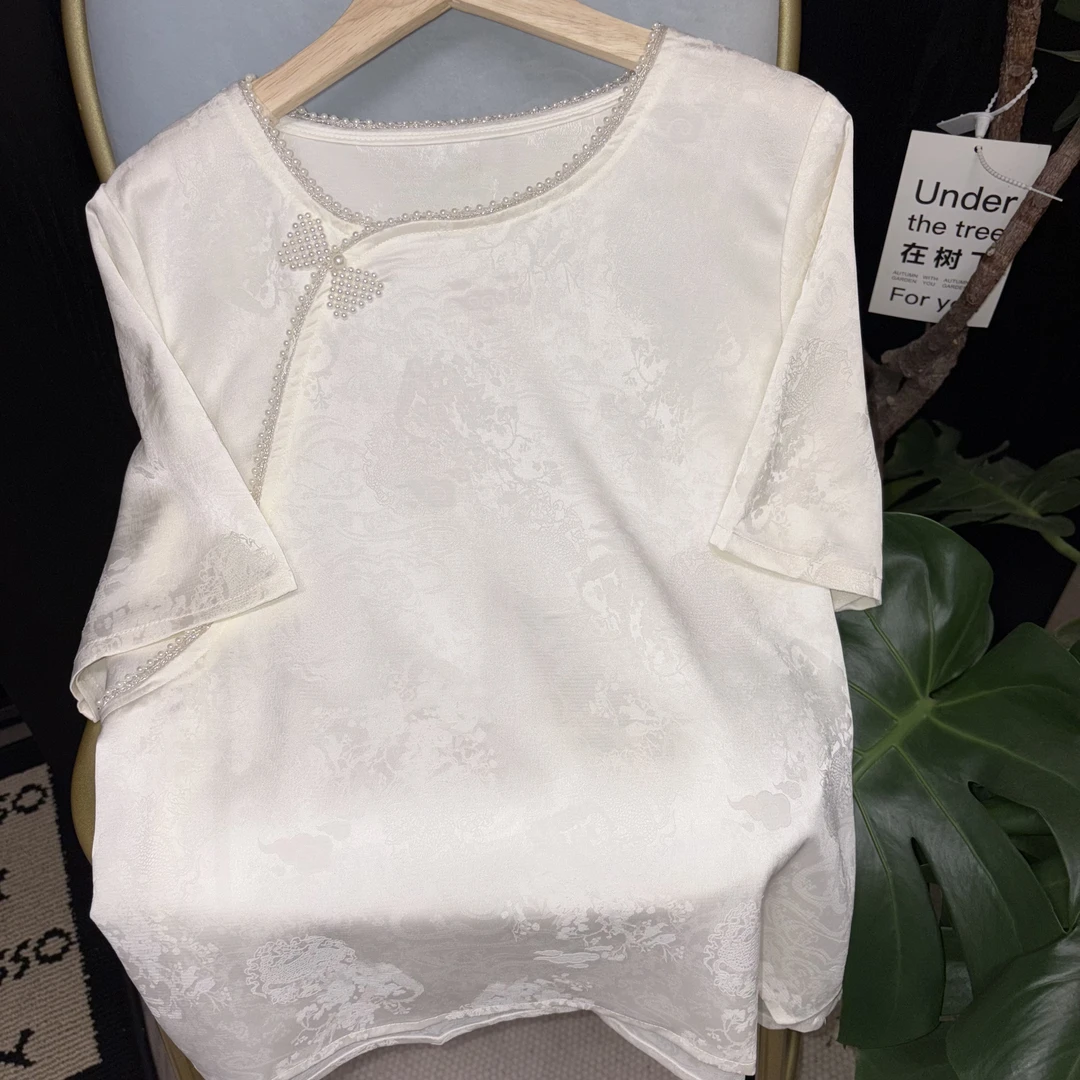 珍珠“蝴蝶结” 短袖 清凉感提花 垂感新中式T恤