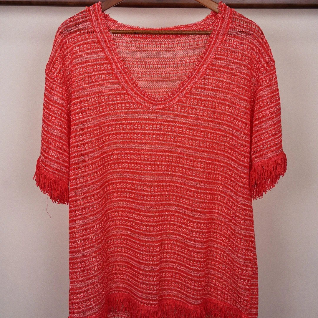 夏季V领时尚针织T恤潮流红色套头极简风'红色短袖条纹针织T恤