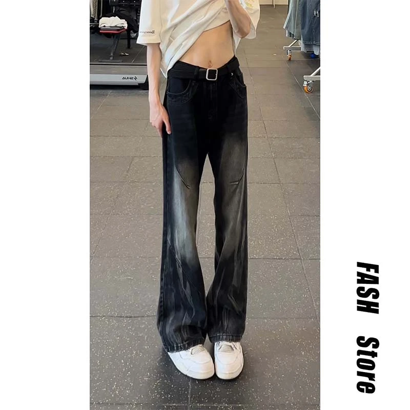 小众拼接牛仔裤男款夏季美式高街直筒显瘦裤子提档vibe阔腿长裤子