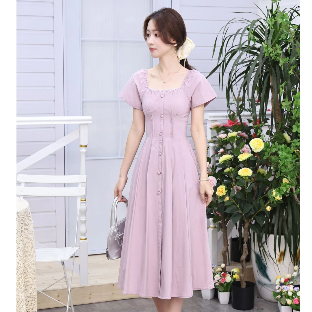 ASY/2025法式方领长裙显瘦夏季连衣裙气质时尚收腰修身长款泡泡袖