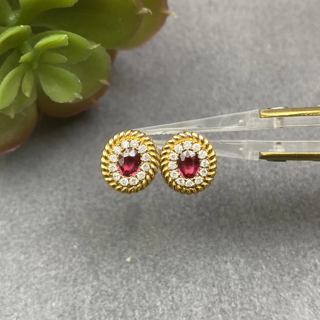 F249-FS-0.89ct无烧红宝石耳钉金4.38g钻0.302ct