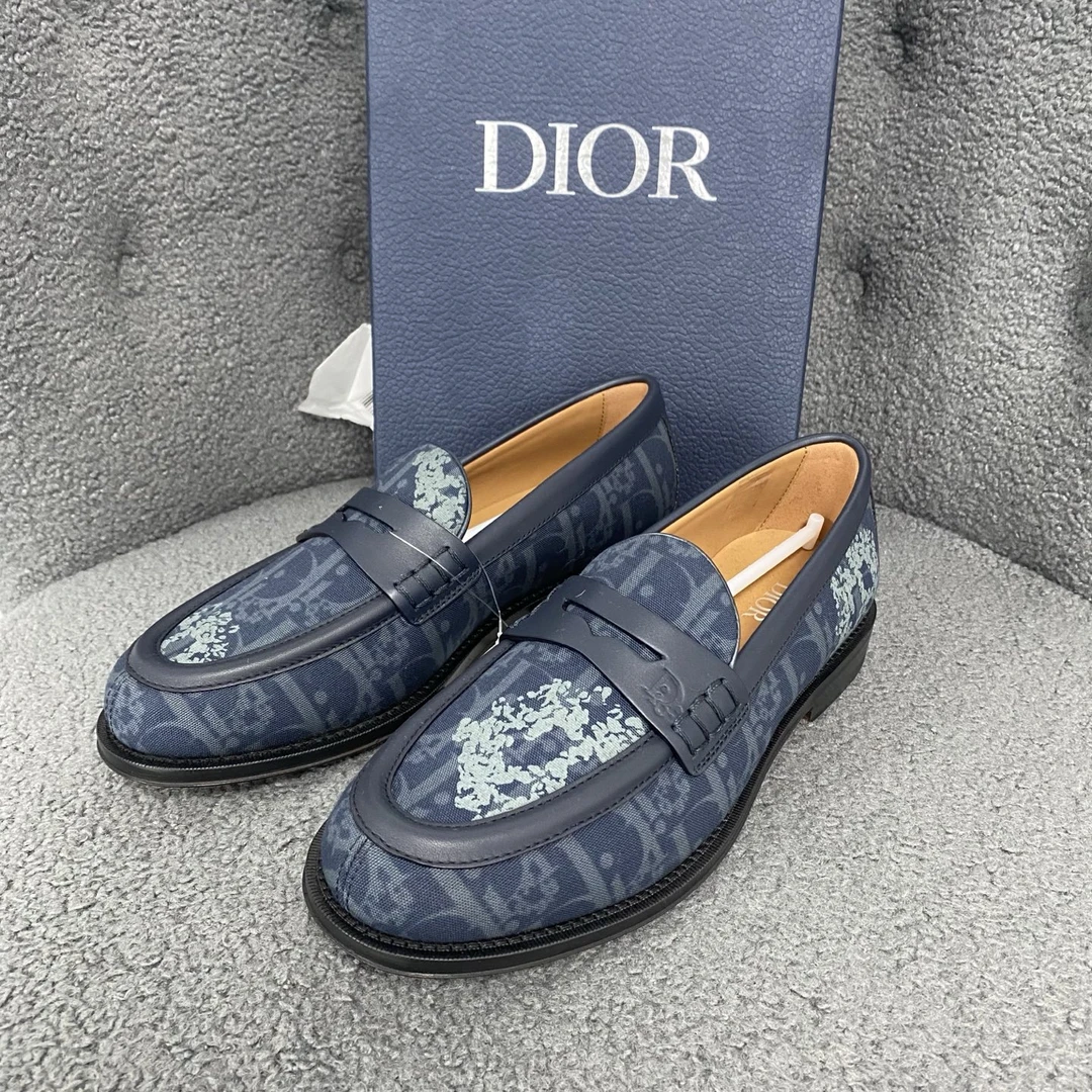 未使用 DIOR/迪奥 男士蓝色老花一脚蹬乐福鞋牛皮皮鞋156039印花