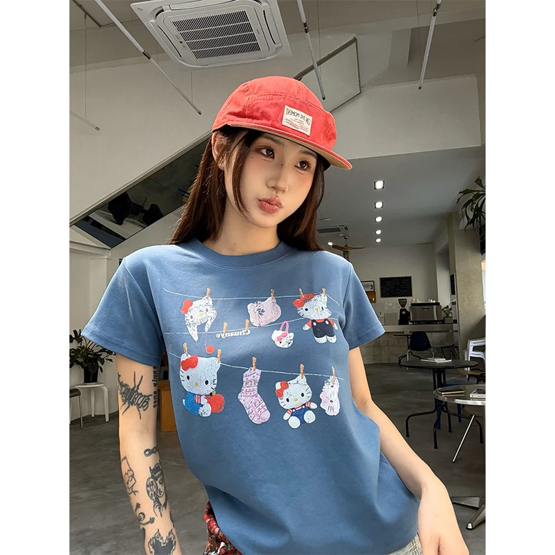 Don Cry 美式正肩做旧Kitty印花修身短袖t恤女夏季新款弹力上衣潮
