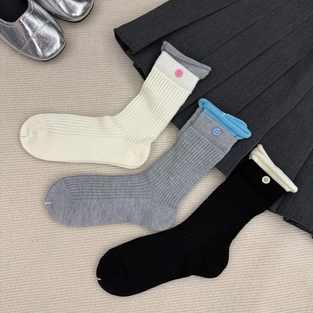 双罗口纽扣堆堆袜中筒袜薄款春季夏季透气吸汗女袜