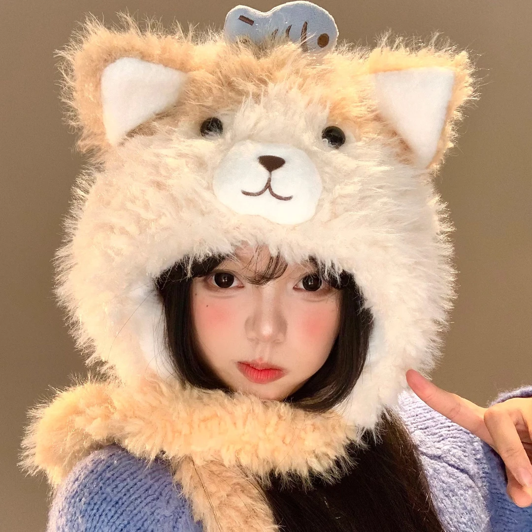 可爱小鱼猫咪耳朵毛绒帽子女秋冬季三花猫可爱帽子保暖护耳雷锋帽