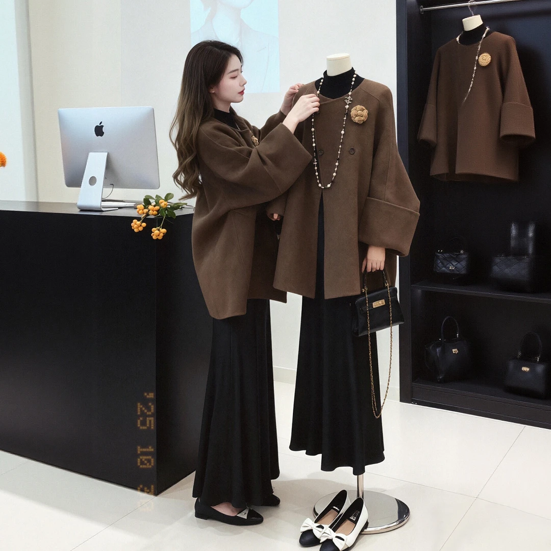 巨好看的冬装一整套高级感小香风斗篷毛呢外套金丝绒半身裙两件套
