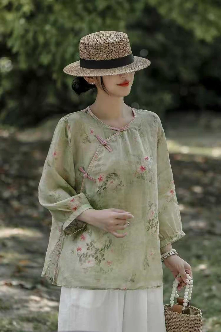 荷叶袖夏季苎麻宽松型衬衫中式提花小衫印花长袖民族风文艺复古