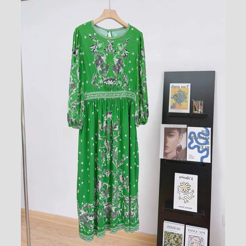 欧美奢感春秋圆领长袖电脑印花连衣裙长裙