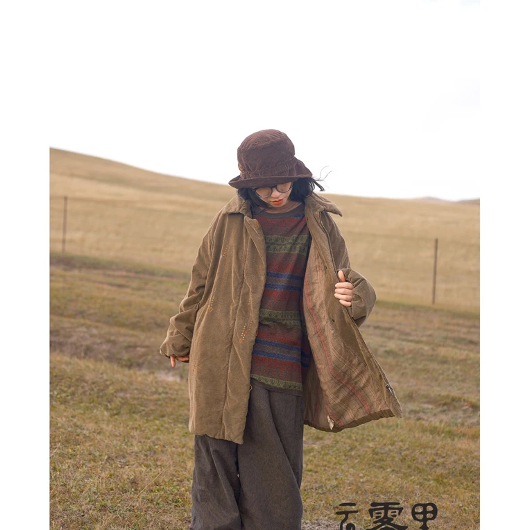 云雾里6220#3M新雪丽棉复古刺绣桑蚕丝棉混纺宽松保暖长棉衣外套