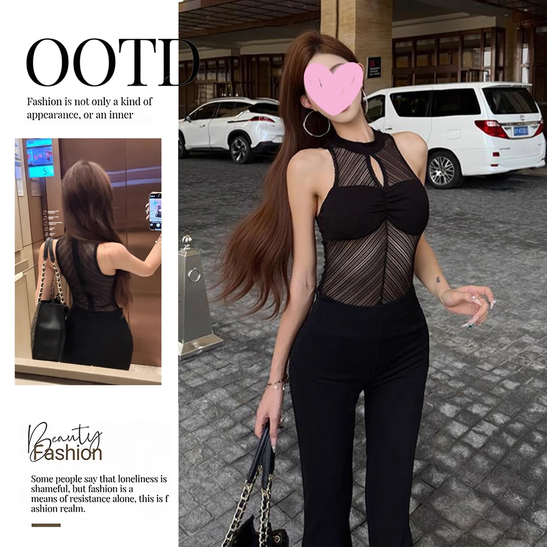 2025春夏季新款女装性感镂空网纱无袖背心吊带女设计纯欲辣妹上衣