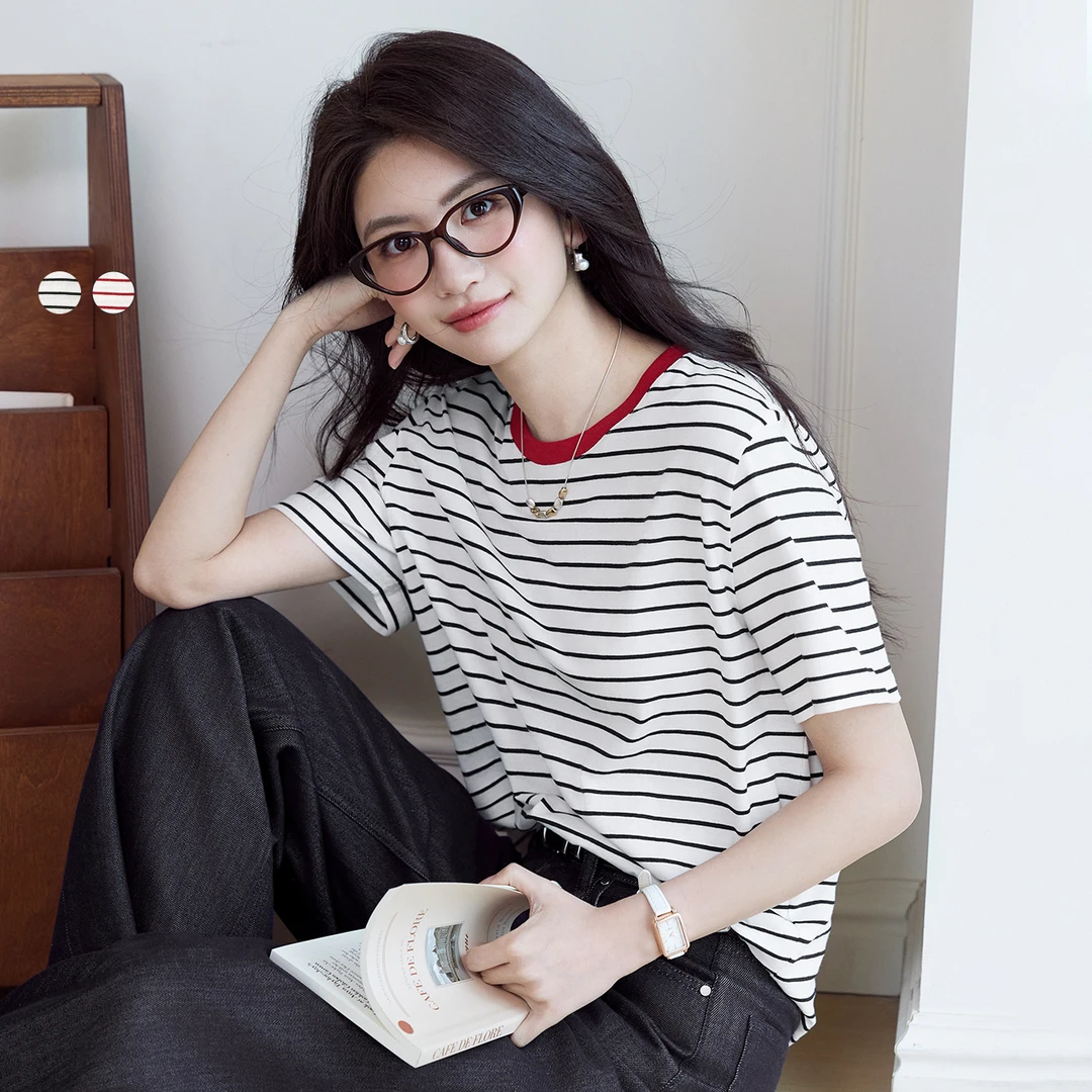伊芙丽基础简约条纹撞色领设计短袖正肩T恤女2025春上衣1G3901131