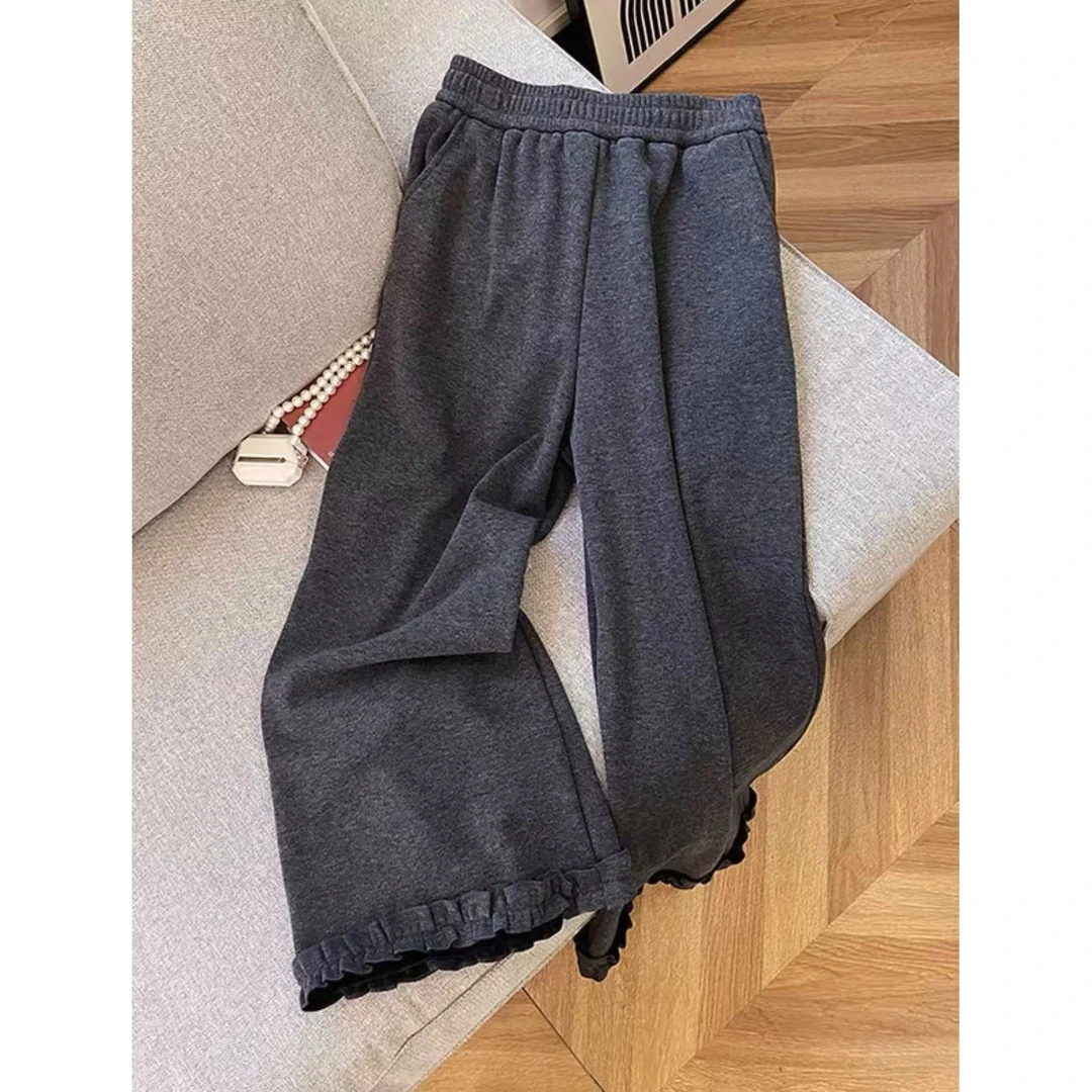 【晨浠定制】新款时尚冬季加绒加厚裤脚荷叶边直筒裤2586