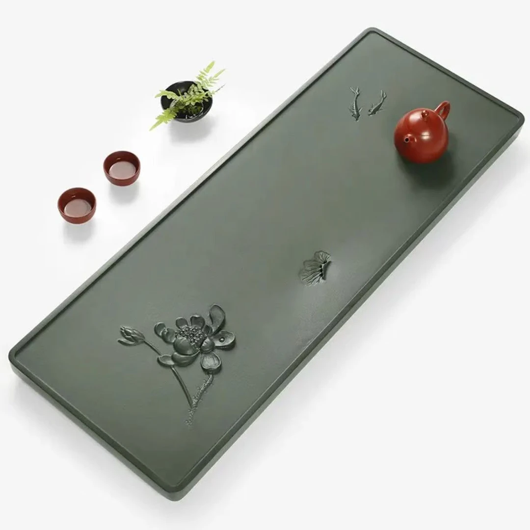 褝莲【天罗绿】茶盘高档现代风茶盘手工整块石材雕刻家用办公室茶具