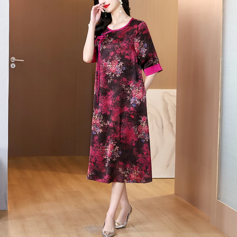 新中式国风妈妈装高级感时尚大码夏季复古盘扣拼接中长款连衣裙女