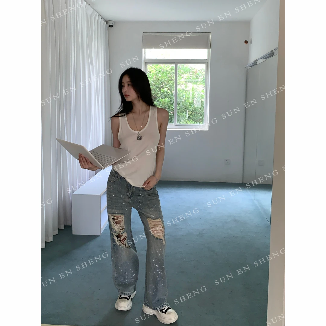 孙恩盛【店主超爱】新款水洗破洞烫钻直筒拖地显瘦男女同款牛仔裤