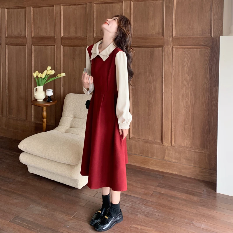 初秋高级感独特漂亮红色连衣裙女2025新款假两件气质收腰减龄长裙