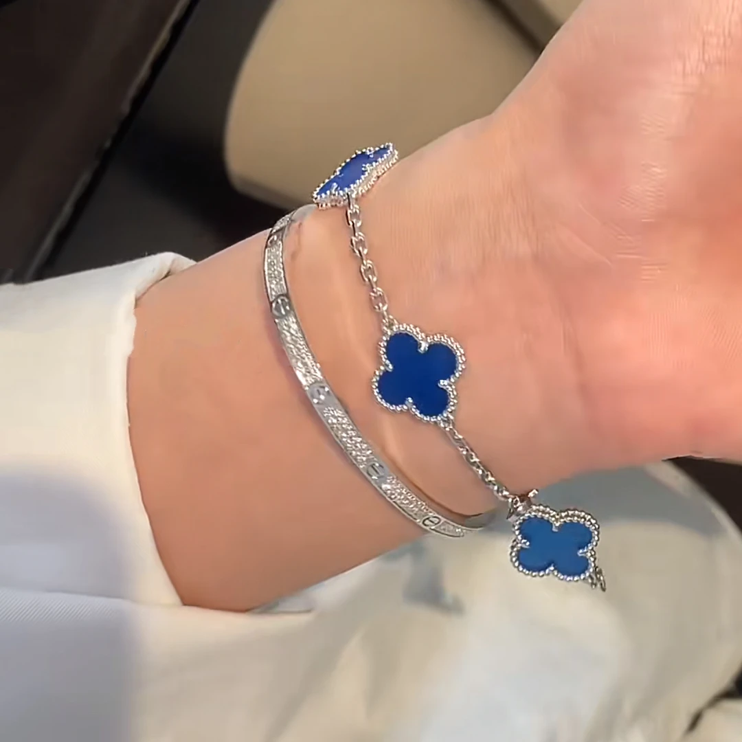 铜合金手链 银链蓝五花手链轻奢风