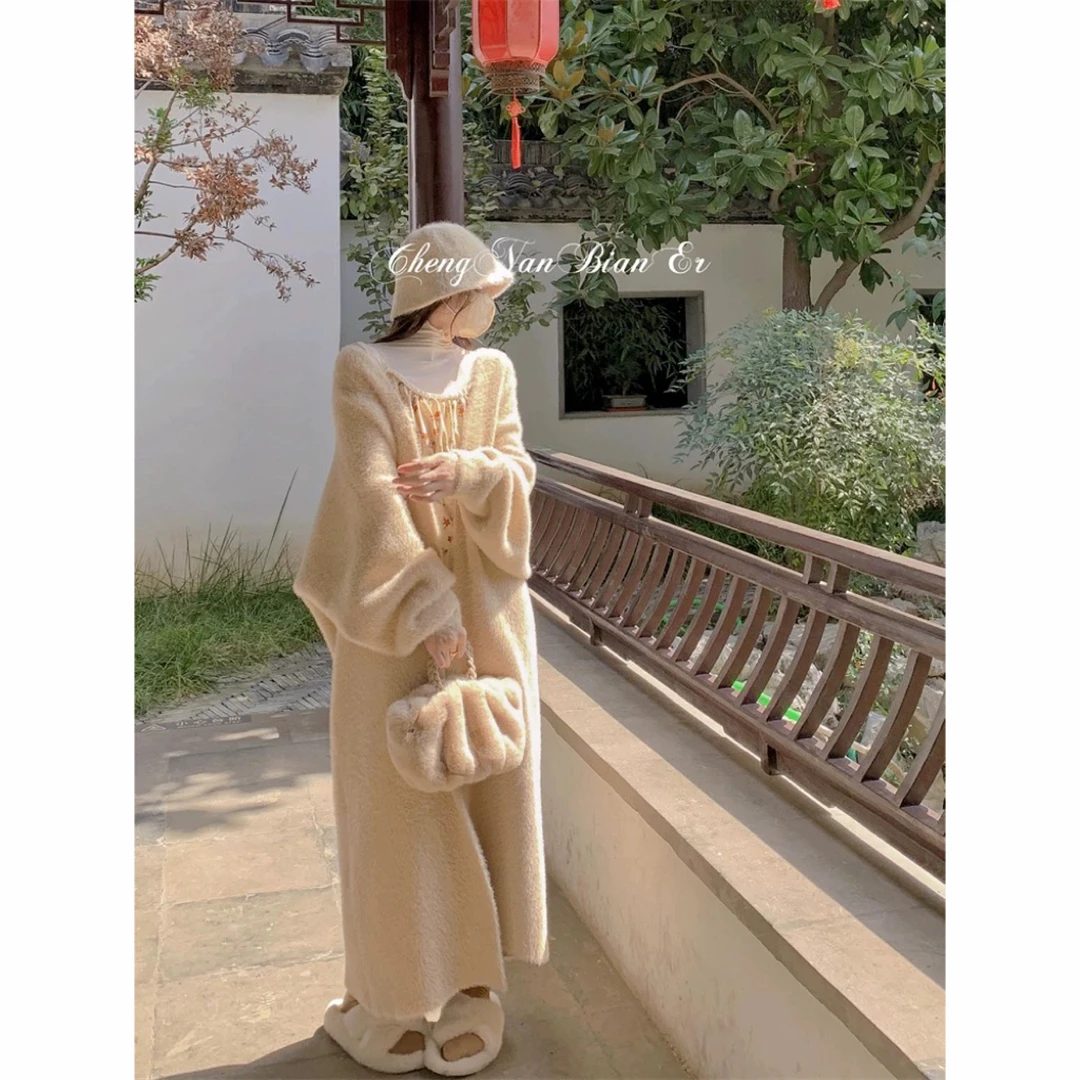 城南边儿 温柔至上~仿水貂毛加厚大外套毛衣女开衫慵懒大衣女气质