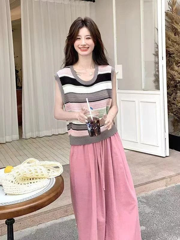 【25330】倩#针织无袖上衣+休闲裤【套装】