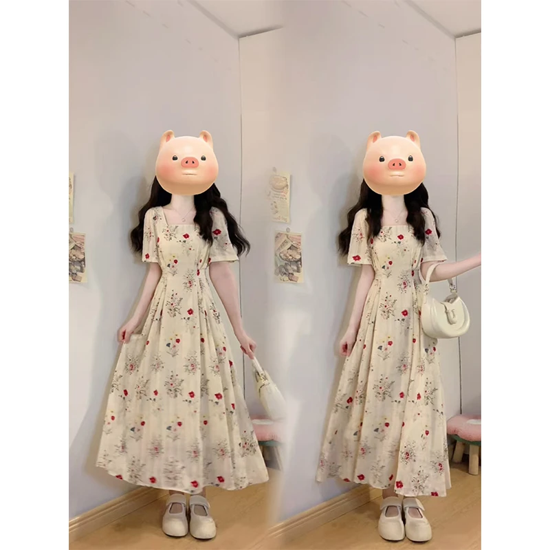 大码法式温柔风碎花连衣裙女夏胖mm超仙遮肉显瘦收腰度假风长裙子