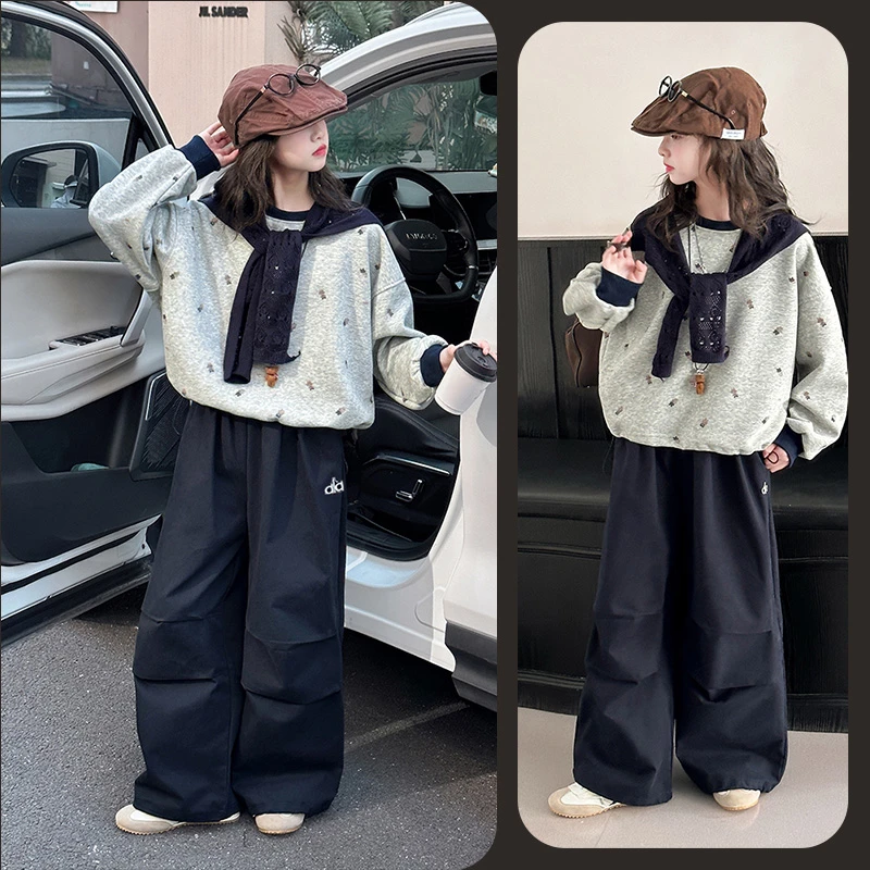 女童秋季时尚披肩印花卫衣休闲裤套装6~12岁中大童宽松洋气时髦潮