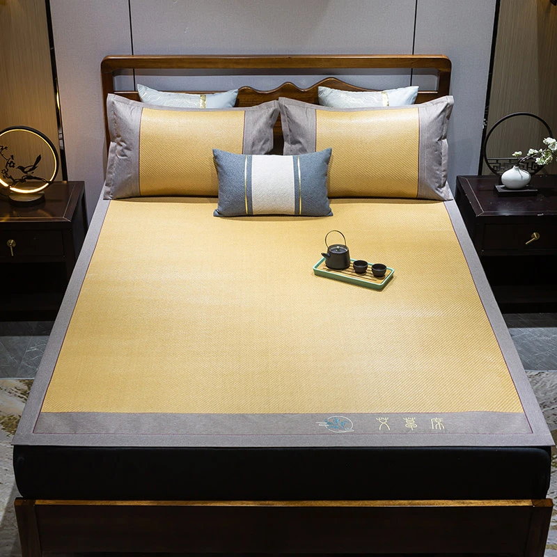 可折叠刺绣加宽包边藤席艾草功能性凉席居家宿舍通用凉席三件套