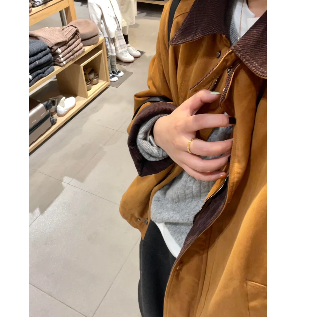 韩系高级感2025新款拼接翻领设计感棉服女冬季复古百搭棉衣外套