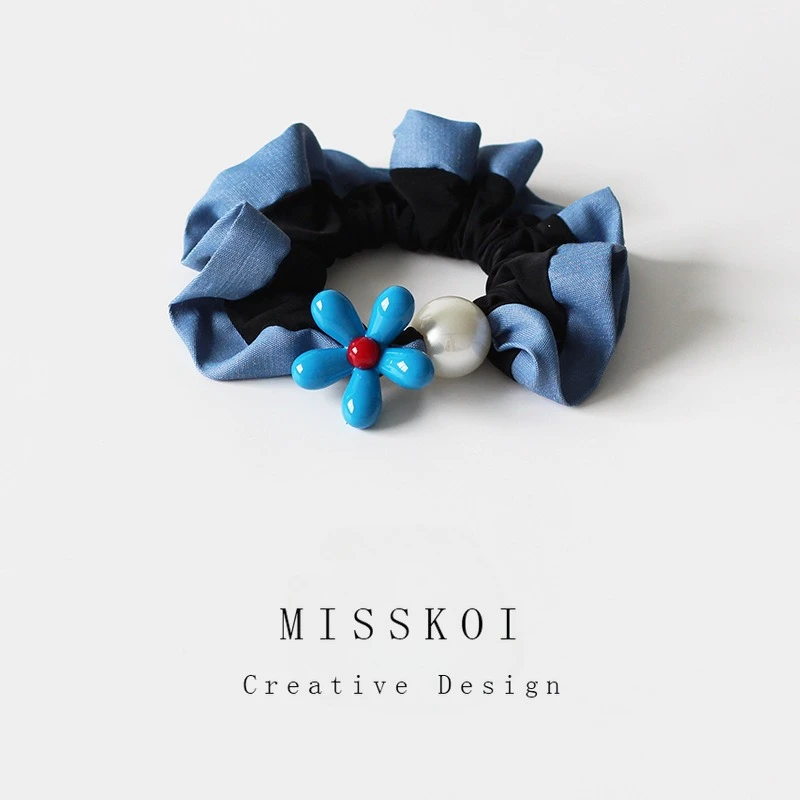 MISSKOI 蓝色小花蓝边小肠发圈女新款可爱百搭扎低马尾的头花发饰