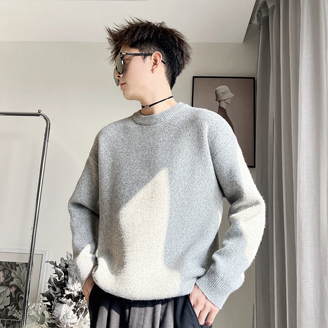 百搭休闲潮流圆领保暖男士秋冬宽松拼接毛衣针织衫加绒半高领加厚