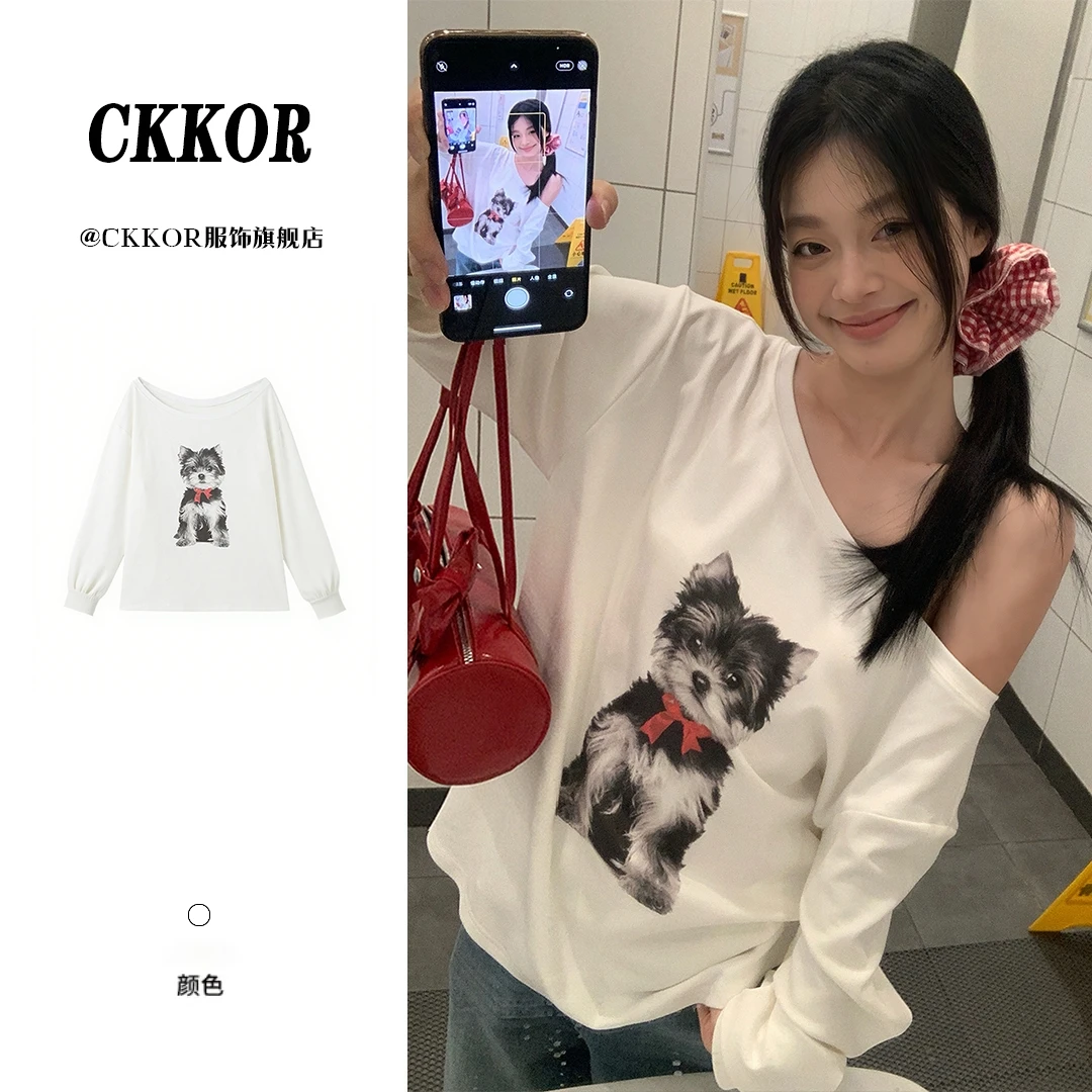 CKKOR潮牌设计感薄款斜肩长袖t恤女韩系简约印花慵懒风宽松上衣服