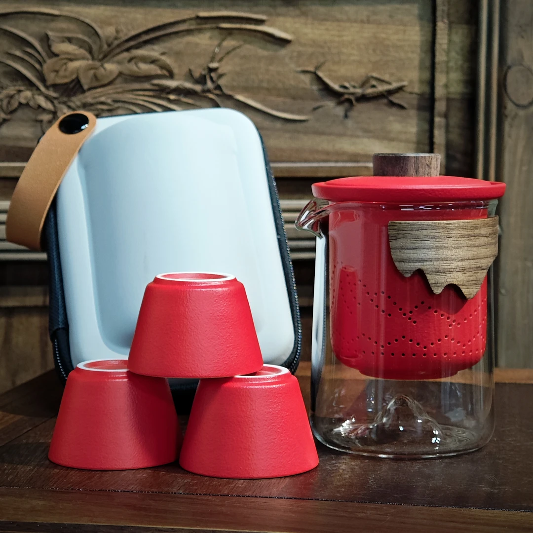 A-0245 玻璃款-（千中国红‌）一壶三杯旅行套