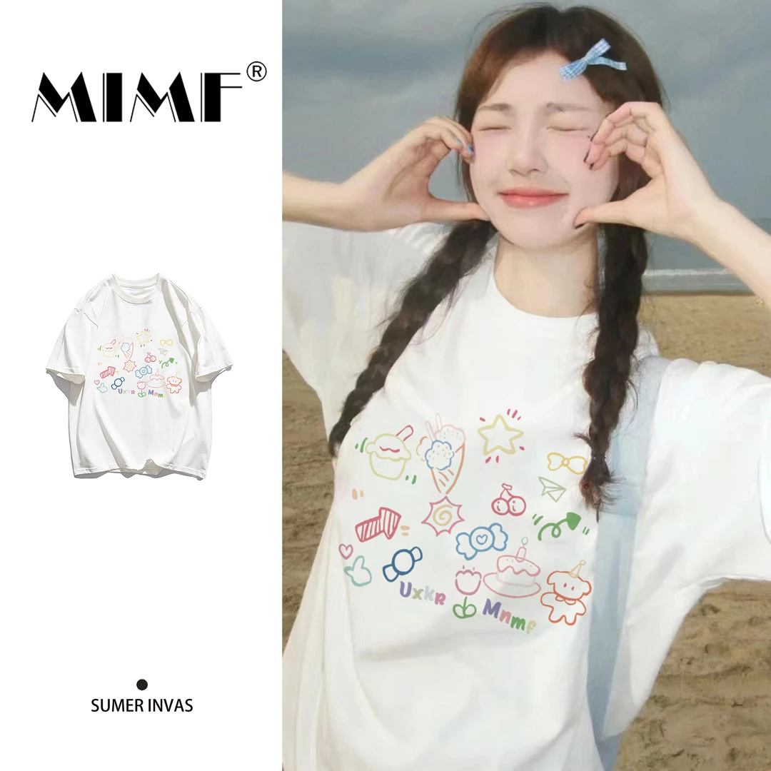 mnmf夏季新款设计感印花卡通宽松显瘦百搭休闲女情侣纯棉短袖T恤