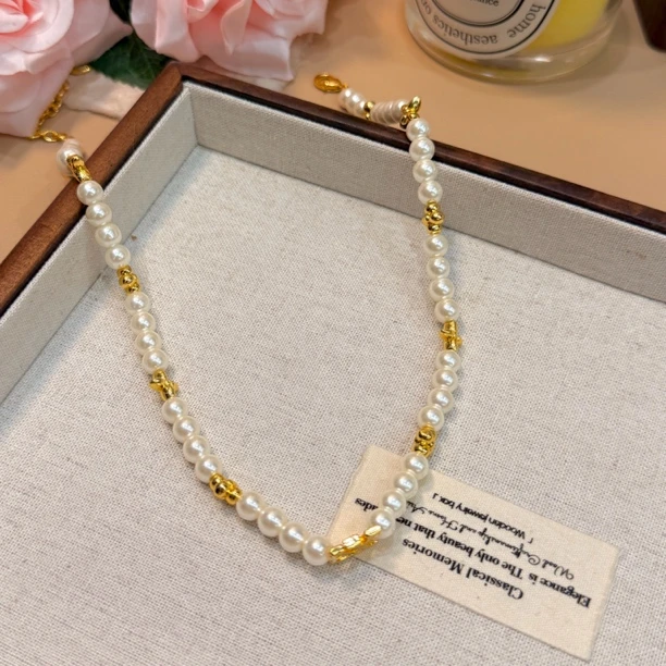 铜合金项链 C333气质百搭复古法式韦雪同款时尚简约轻奢珠珠项链