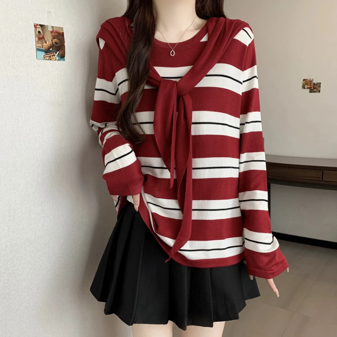 【K505】素#休闲百搭针织圆领宽松上衣+披肩