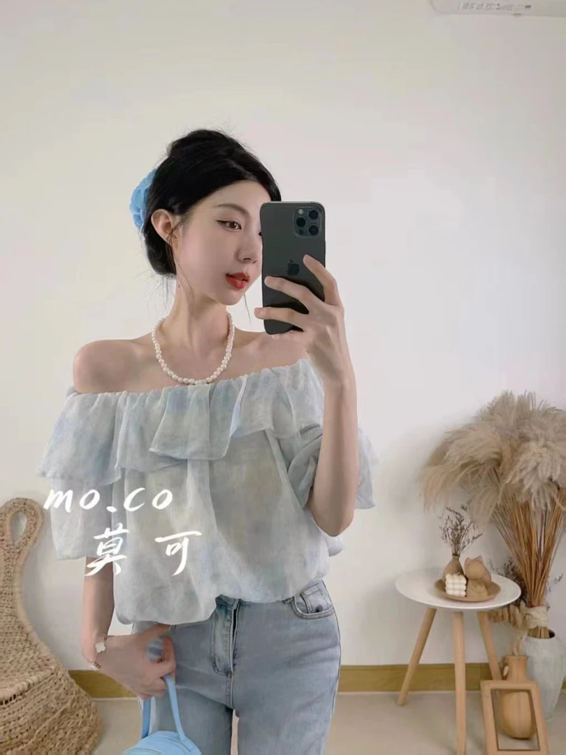 圆领一字肩荷叶边纯色宽松型衬衫打底衫小众小衫时尚设计感甜美