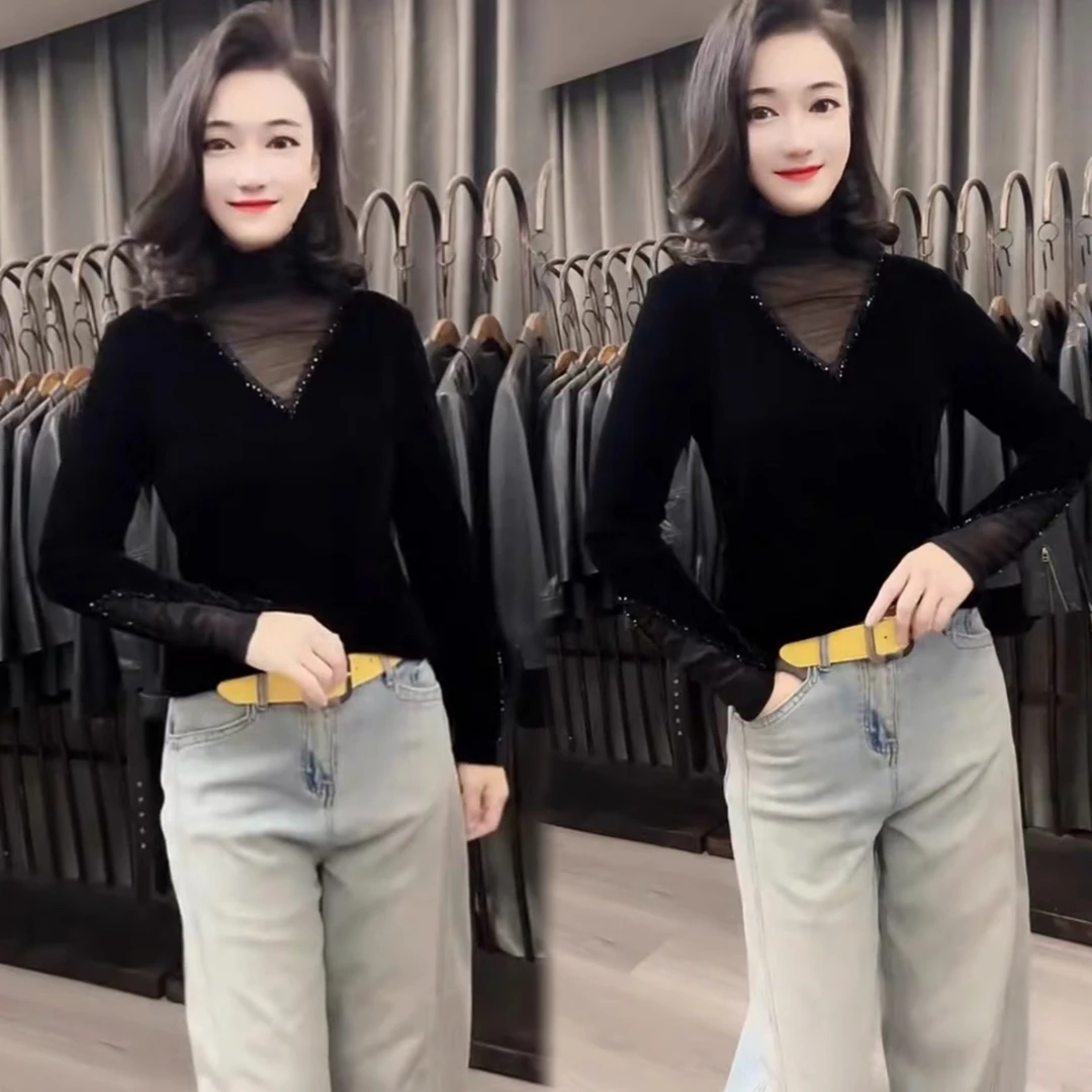 2025秋季新款重工串珠网纱长袖T恤打底衫女内搭性感小衫法式上衣