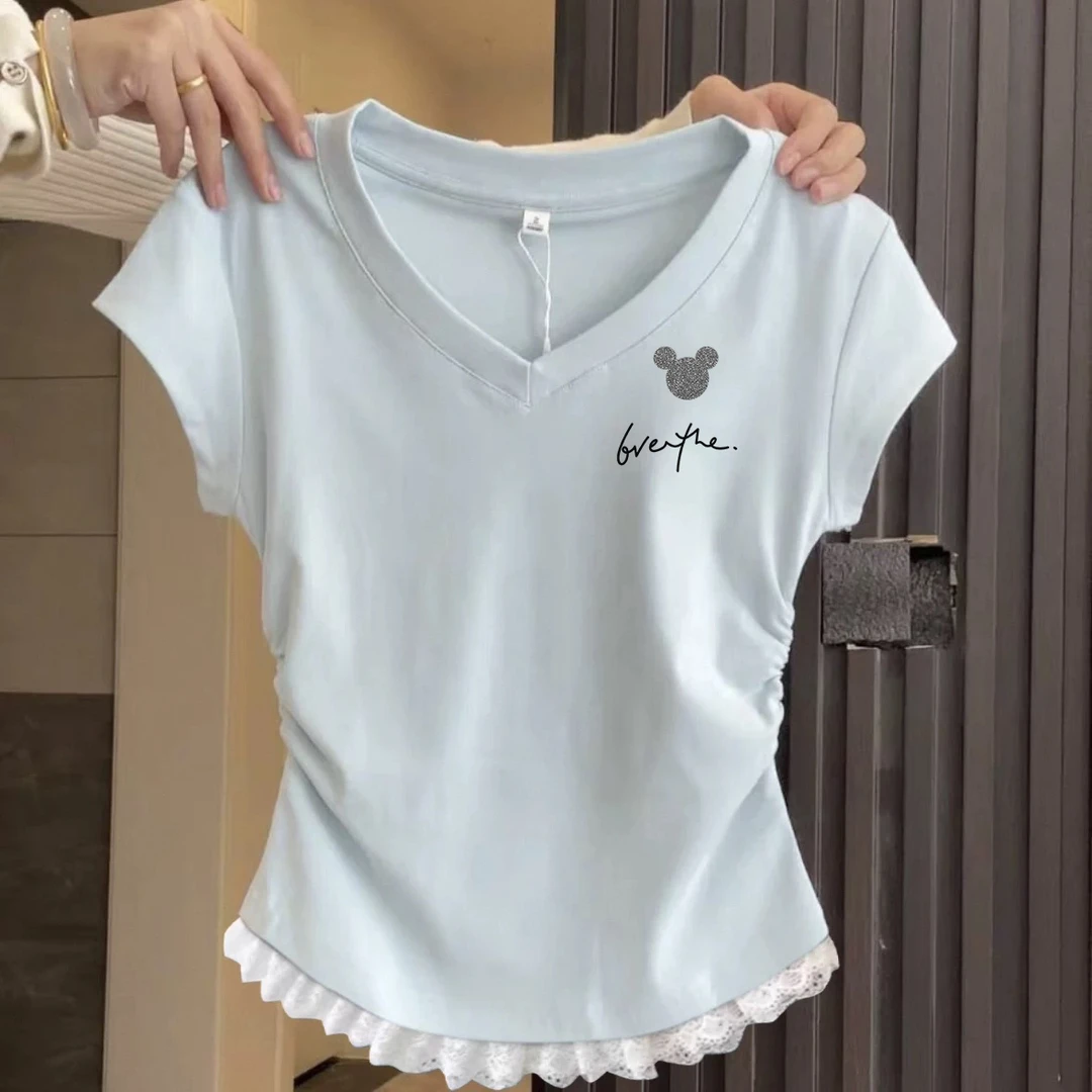 韩系甜美蕾丝花边印花性感风仙女风修身T恤女款V领洋气短袖上衣潮
