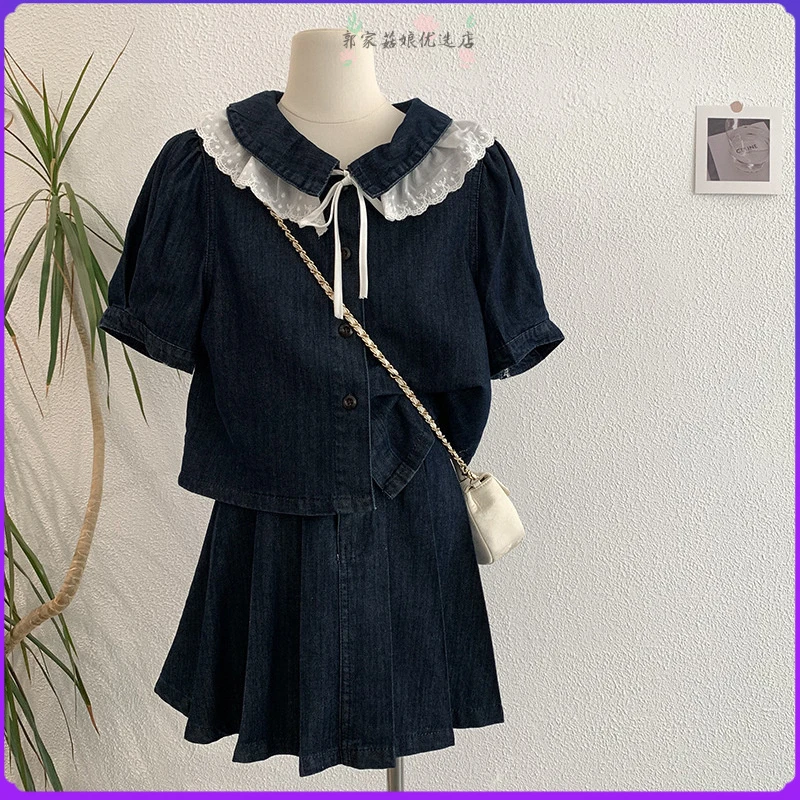 +小个子两件套蕾丝花边短袖拼接半身裙牛仔娃娃领洋气女上衣双层