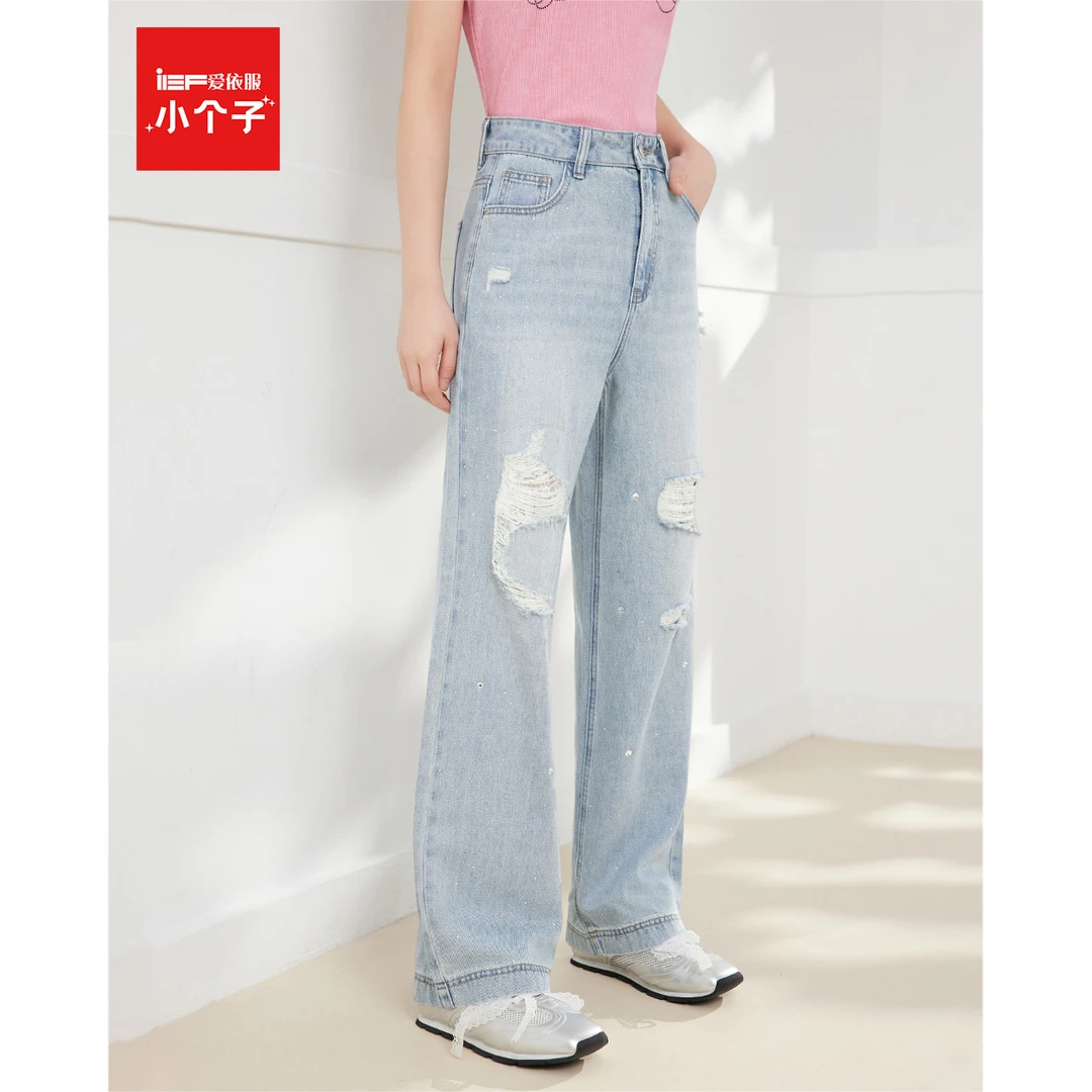 IEF/爱依服裤子2025夏季新款美式休闲破洞设计宽松百搭牛仔直筒裤