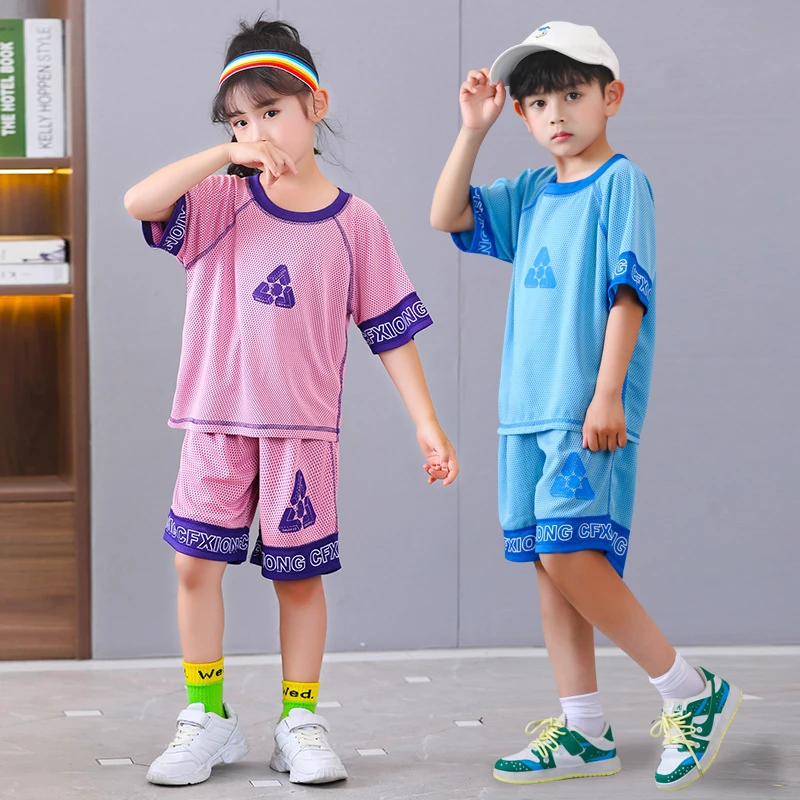 儿童运动套装网眼孔篮球服速干足球服男女童夏季运动速干短袖新