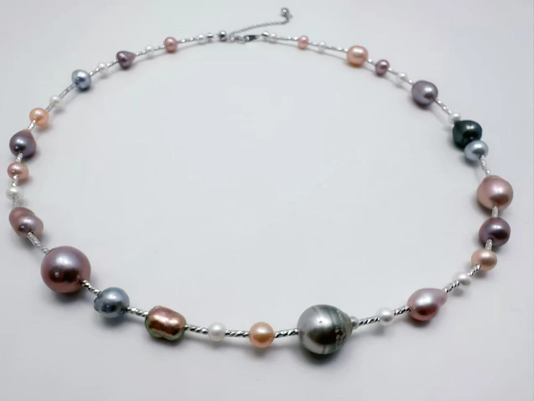 天然淡水珍珠4-11mm海水大溪地+真多麻7-11mm+S925银糖果色项链