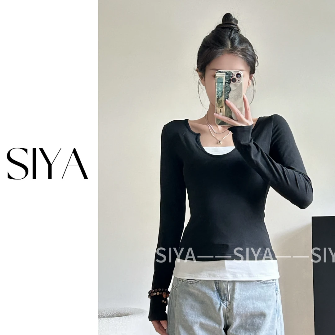 【SIYA】美式复古假两件长袖T恤拼接撞色辣妹上衣