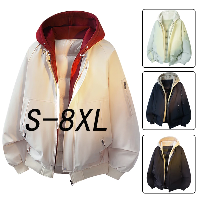 大码连帽棉服男士秋冬季美式假两件工装外套胖子宽松时尚保暖上衣